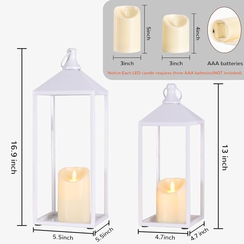 White Decorative Lantern Decor 17" 13" Set of 2 Wedding Lantern with Candle (2 Count)
