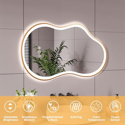 20''x36'' Irregular LED Bathroom Mirror with Lights & Gold Frame