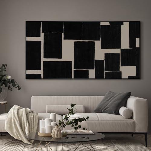 36"x72" Extra Large Framed Wall Art Modern Abstract Black and Beige Geometric Blocks for Home Living Room Bedroom Decor
