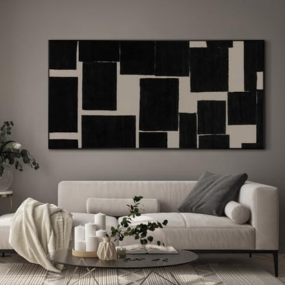 36"x72" Extra Large Framed Wall Art Modern Abstract Black and Beige Geometric Blocks for Home Living Room Bedroom Decor