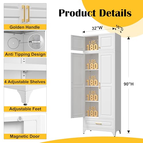 90" Metal Storage Cabinet with Doors and 3 Adjustable Shelves