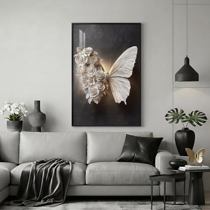 Large Framed Black and White Butterfly Floral Wall Art