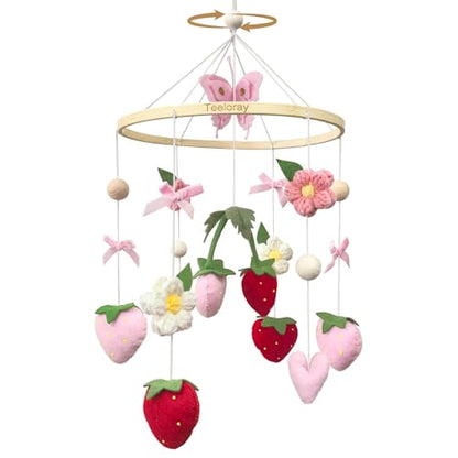 Strawberry Baby Crib Mobile for Girls Pink Bow Nursery Decor
