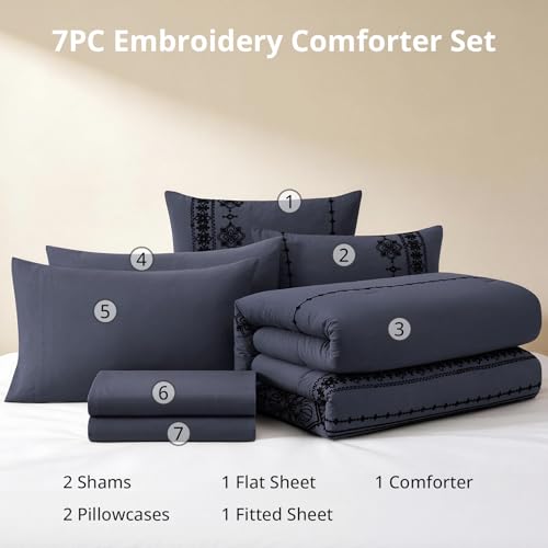 Full Size Comforter Set Embroidery Floral 7 Pieces Bed in a Bag