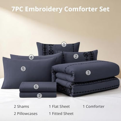 Full Size Comforter Set Embroidery Floral 7 Pieces Bed in a Bag