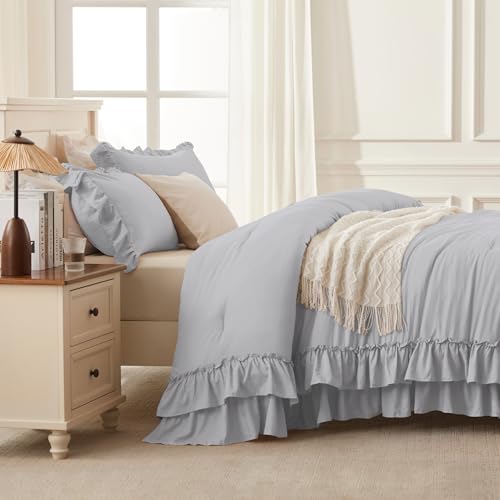 Silver Gray Ruffle Comforter Set King