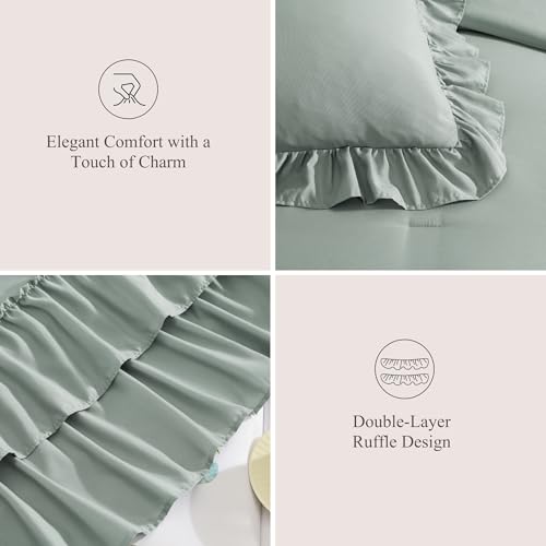 California King Comforter Set Sage Green Ruffle 7 Pieces Bed in a Bag