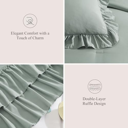California King Comforter Set Sage Green Ruffle 7 Pieces Bed in a Bag