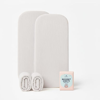 Muslin Bassinet Sheets 33x17 Inches White Bassinet Sheets Rectangle/Oval 2 Pack, Soft Fitted Bassinet Mattress Cover, Safe for Boy or Girl, Breathable Muslin, Easy Fit, No More Loose, Unsafe Sheets