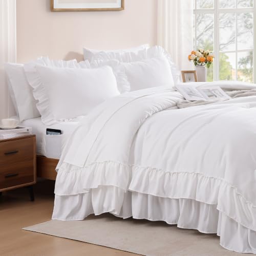King Size Comforter Set White Ruffle 7 Pieces Farmhouse Bed in a Bag