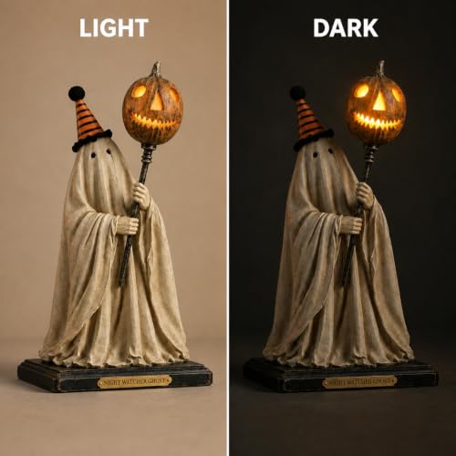 Halloween Ghost Figurine with Pumpkin Lantern Spooky Tabletop Statue Haunted House Decor for Shelf Mantel Entryway Party Desk Home Halloween Seasonal Indoor Decoration Display