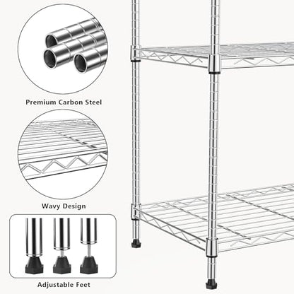 1250 lbs 5 Tier Shelf Metal Storage Shelves Wire Rack Closet Organizers with Wheel for Garage Kitchen Bathroom Laundry Chrome 13.7" D x 23.6" W x 62.4" H (5 Count)