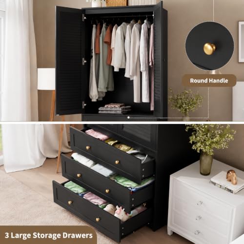 70" Wardrobe Armoire Wooden Closet with 3 Drawers