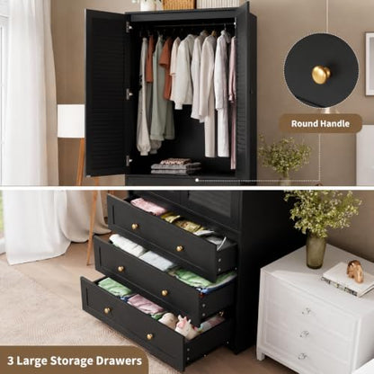 70" Wardrobe Armoire Wooden Closet with 3 Drawers