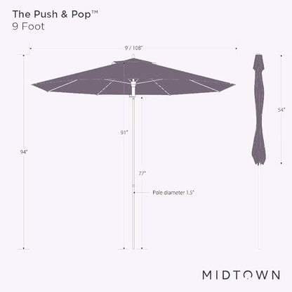 Midtown Umbrellas Push Pop Sunbrella Umbrella 9 Feet Outdoor Umbrella in Dark Blue Acrylic - Patio Umbrella, Backyard Umbrella, Garden Umbrella, Picnic Table Umbrella & Pool Umbrella - Black Pole