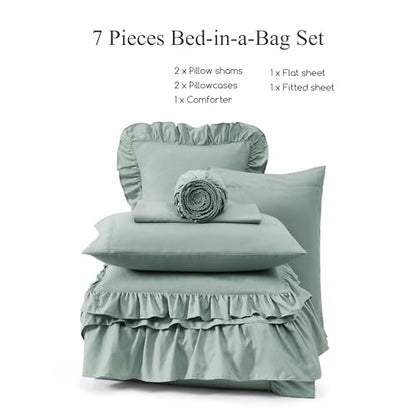 Full Size Comforter Set Sage Green Ruffle 7 Pieces Farmhouse Bed in a Bag