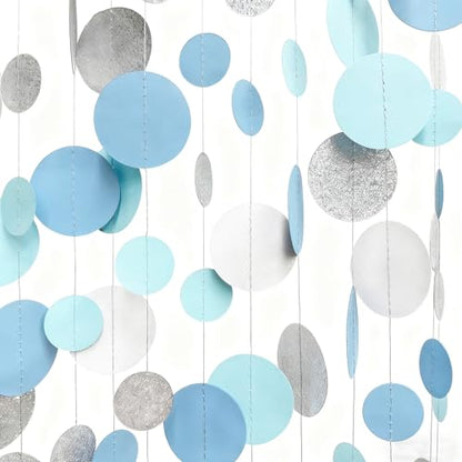 Dusty Blue Silver White Polka Dots Garland Hanging Paper Circle Dot Streamer for Nautical Birthday Wedding Engagement Bridal Shower Retirement Graduation Hen Party Decorations Supplies