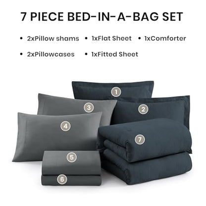 Queen Comforter Set 7 Pieces Navy Blue Cationic Dyeing Bed in a Bag