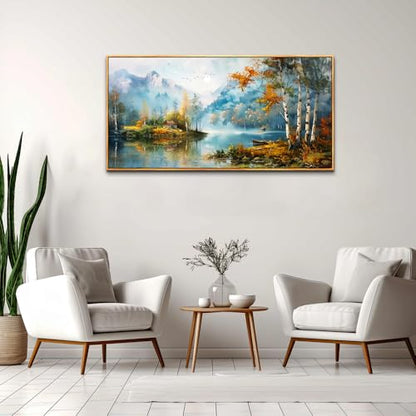 Large Wood Framed Wall Decor For Living Room Canvas Wall Art For Office Modern Wall Decorations For Bedroom Lake View Painting Tree Forest Pictures Artwork Room Home Decor 24x48 In