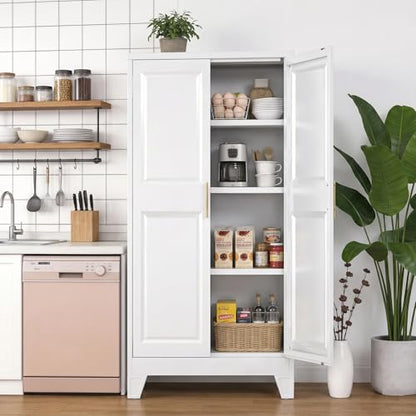 White Metal Pantry Cabinet with 3 Adjustable Shelves
