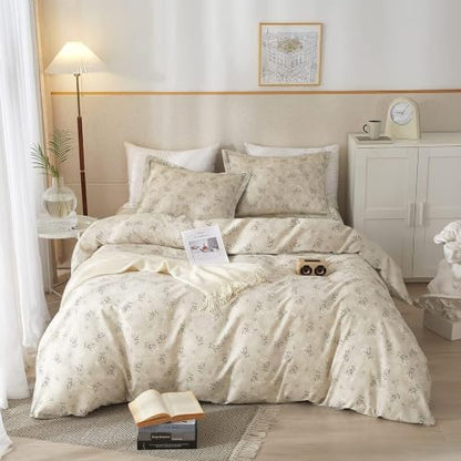 Boho Floral Comforter Set Full Size Vintage Style Floral Bedding Comforter with 2 Pillowcases Garden Flower Leaves Botanical Comforter Set Soft Fluffy 3 Pieces Bedding Set for Girls Women