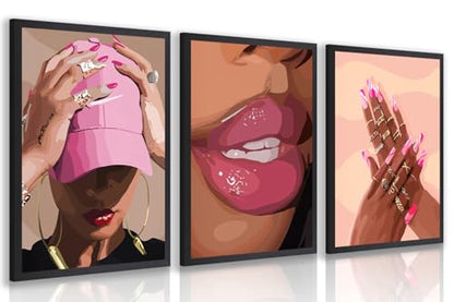 Wood Framed Fashion Pink Black Girl Wall Art Set of 3 (3 Count)