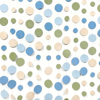 Dusty Blue and Sage Green Beige Polka Dot Garland Olive Green Dusty Blue Cream Nude Hanging Paper Circle Dots Streamer for Birthday Wedding Shower Silly Goose Theme Party Decorations Supplies
