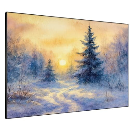36"x46" Extra Large Framed Wall Art Winter Sunrise in Snowy Pine Forest Watercolor Style for Home Living Room Bedroom Decor