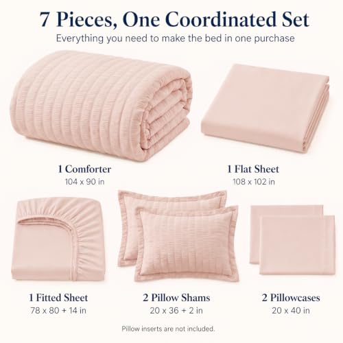 King Size Comforter Set 7 Pieces Blush Pink Seersucker Bed in a Bag