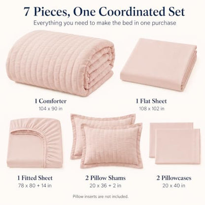 King Size Comforter Set 7 Pieces Blush Pink Seersucker Bed in a Bag