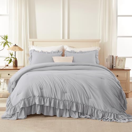 Silver Gray Ruffle Comforter Set King