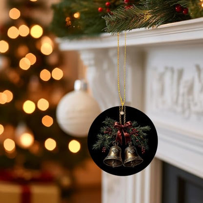 Vintage Holly Berry Gold Bell Christmas Ceramic Ornament Gifts