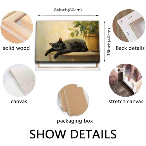 Black Cat Poster Lovely Cat Sleeping Picture Retro Plant Wall Art Still Life Painting Vintage Vase Canvas Animal Artwork Plant Living Room Decor 16x24inch Framed