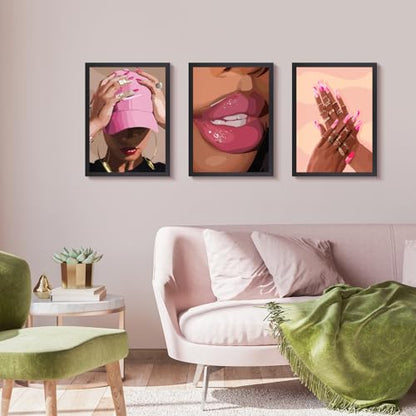 Wood Framed Fashion Pink Black Girl Wall Art Set of 3 (3 Count)