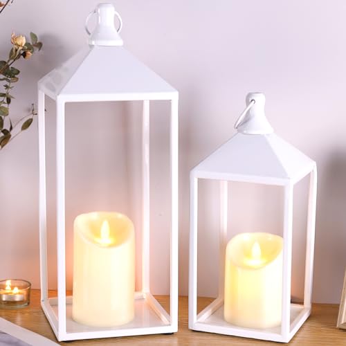 2 Pcs Wedding Lanterns Decorative with Candles White Farmhouse Lanterns (2 Count)