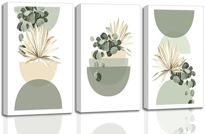 3 Pcs Neutral Abstract Sage Green Boho Canvas Wall Art 12x16in (3 Count)