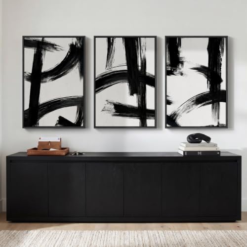 Large Framed Black and White Modern Abstract Wall Art Set (3 Count)