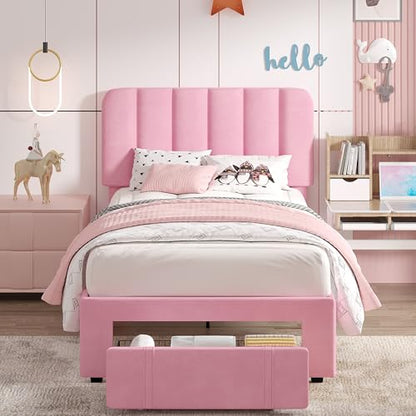 Twin Size Upholstered Bed Frame with Drawer and Headboard