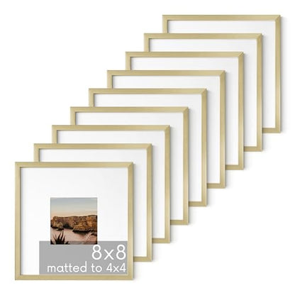 8x8 Gold Metal Picture Frames Matted to 4x4 (9 Count)
