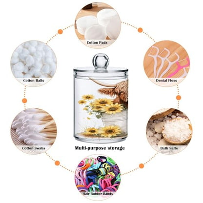 2 Pack Qtip Holder Organizer Dispenser Watercolor Sunflower Highland Cow Bathroom Storage Canister Cotton Ball Holder Container for Cotton Pads (2 Count)