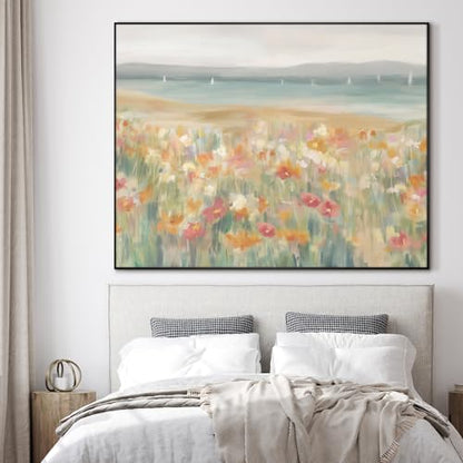 60"x72" Extra Large Framed Wall Art Coastal Flower Field with Sailing Boats Serene Landscape Illustration for Home Living Room Bedroom Decor