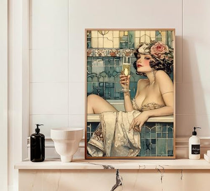 Vintage Bathroom Canvas Wall Art Victorian Funky Woman in Bathtub Picture Wall Decor Trendy Champagne Bar Cart Decor Painting Poster Print for Bathroom Toilet Bar Home Decor