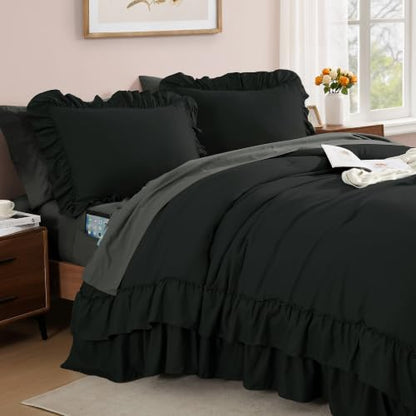 Queen Comforter Set Black Ruffle 7 Pieces Farmhouse Bed in a Bag