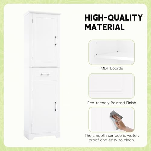 72" Tall Narrow Bathroom Storage Cabinet with 2 Doors & Drawer