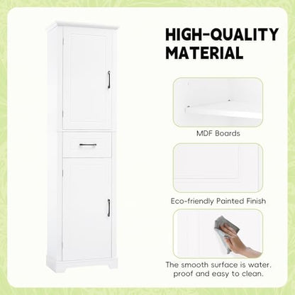 72" Tall Narrow Bathroom Storage Cabinet with 2 Doors & Drawer