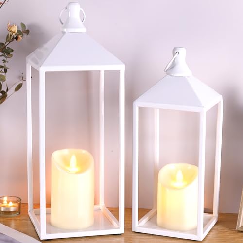 White Decorative Lantern Decor 17" 13" Set of 2 Wedding Lantern with Candle (2 Count)