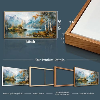 Large Wood Framed Wall Decor For Living Room Canvas Wall Art For Office Modern Wall Decorations For Bedroom Lake View Painting Tree Forest Pictures Artwork Room Home Decor 24x48 In