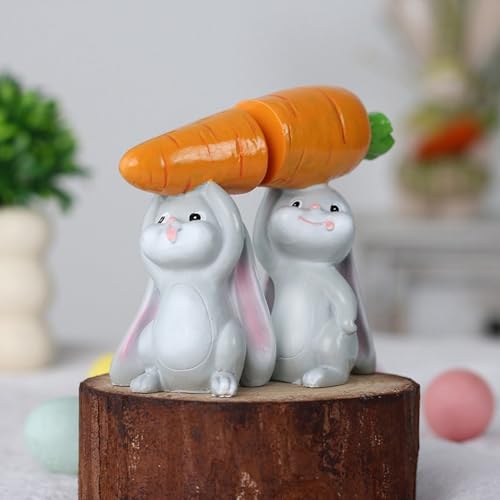 2 Pcs Easter Bunny Figurine Cartoon Cute Bunny Raise Carrots Desk Display Ornament Easter Creative Rabbit Resin Statue for Home and Office Tabletop Decor Supplies (2 Count)
