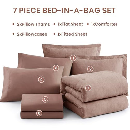 Queen Comforter Set 7 Pieces Dusty Pink Cationic Dyeing Bed in a Bag