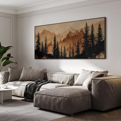 36"x72" Extra Large Framed Wall Art Rustic Mountain Pine Forest Silhouette in Warm Earth Tones for Home Living Room Bedroom Decor